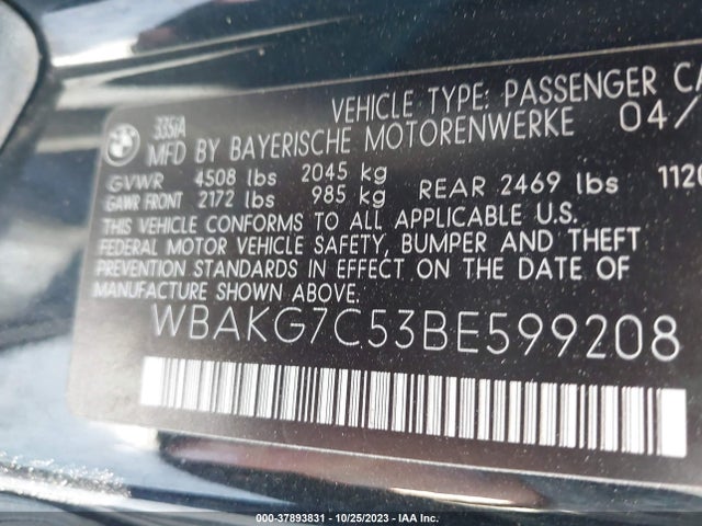 2011 BMW 3 SERIES 335I VIN: WBAKG7C53BE599208