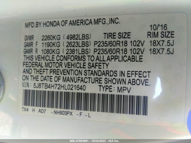 5J8TB4H72HL021640 Acura Rdx W/advance Pkg