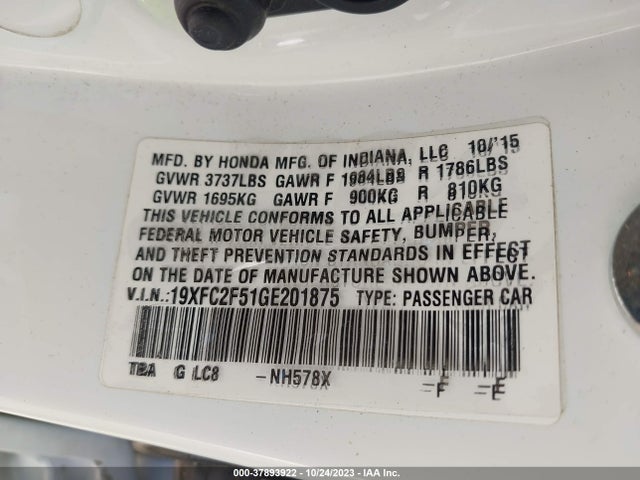 2016 HONDA CIVIC LX VIN: 19XFC2F51GE201875