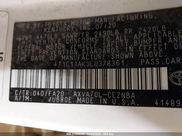2020 TOYOTA CAMRY LE VIN: 4T1C11AK0LU378361