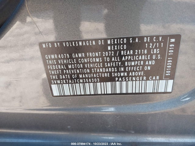 2012 VOLKSWAGEN JETTA SEDAN S W/SUNROOF VIN: 3VW2K7AJ7CM356303