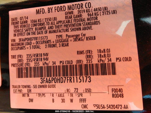 2015 FORD FUSION SE VIN: 3FA6P0HD7FR115173