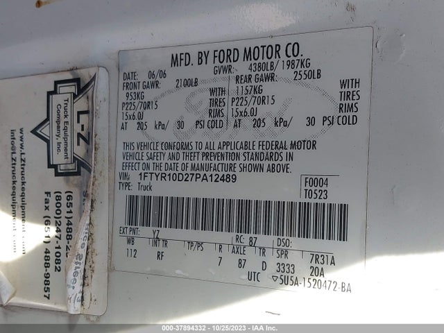 2007 FORD RANGER XL/STX/XLT VIN: 1FTYR10D27PA12489