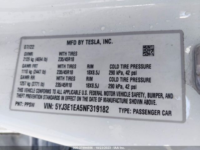 5YJ3E1EA5NF319182 Tesla MODEL 3