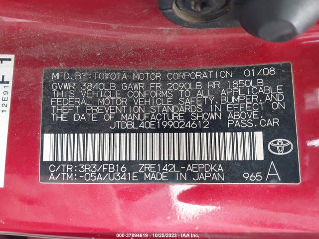 2009 TOYOTA COROLLA VIN: JTDBL40E199024612
