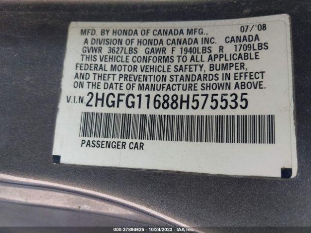2008 HONDA CIVIC CPE 2HGFG11688H575535 Photo 8