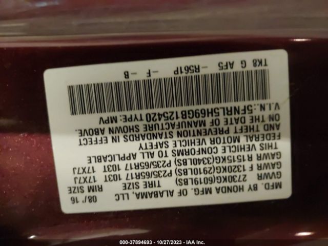 5FNRL5H69GB125420 Honda Odyssey Ex-l