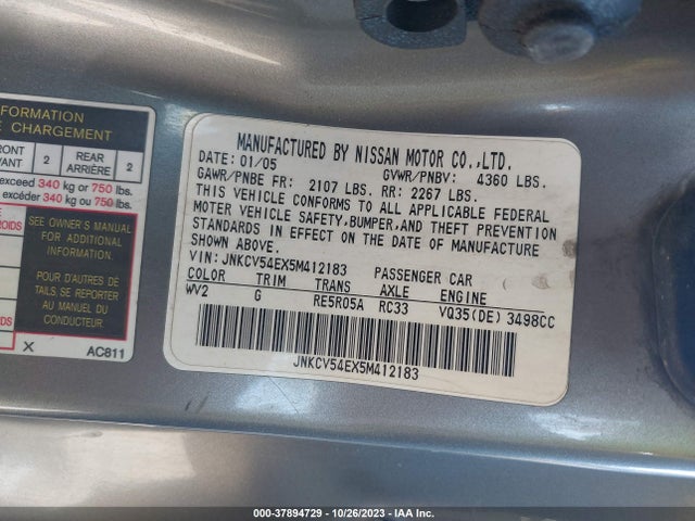 2005 INFINITI G35 VIN: JNKCV54EX5M412183
