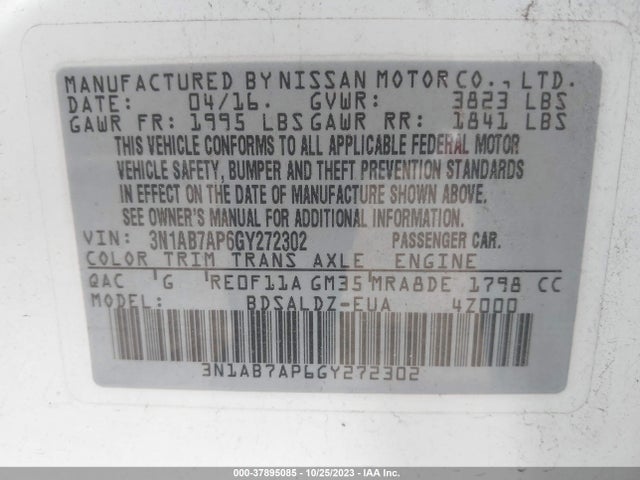 2016 NISSAN SENTRA SV VIN: 3N1AB7AP6GY272302