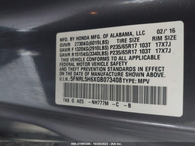 5FNRL5H6XGB073408 Honda Odyssey Ex-l