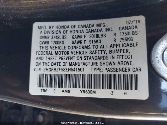 Honda Civic Sedan Lx 2014 2HGFB2F58EH541501 Image 9