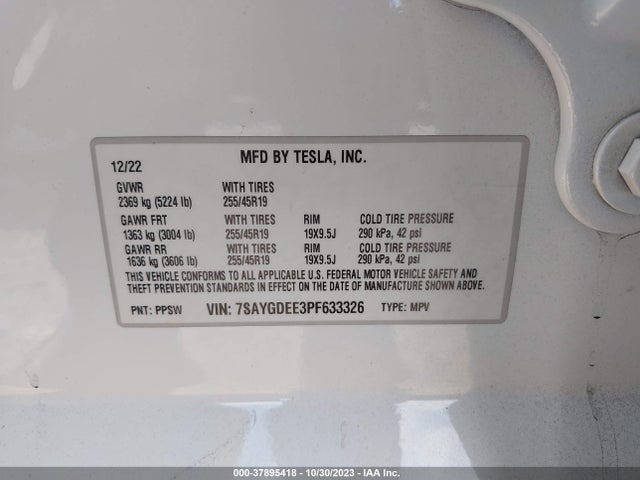 2023 TESLA MODEL Y AWD/LONG RANGE DUAL MOTOR ALL-WHEEL DRIVE VIN: 7SAYGDEE3PF633326