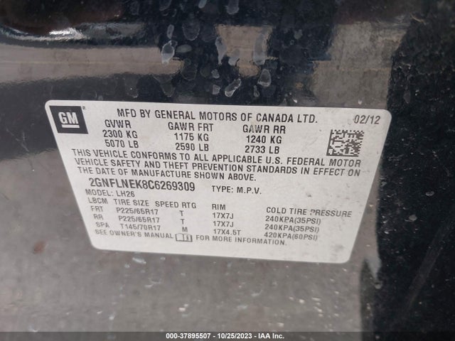 2012 CHEVROLET EQUINOX 2LT VIN: 2GNFLNEK8C6269309
