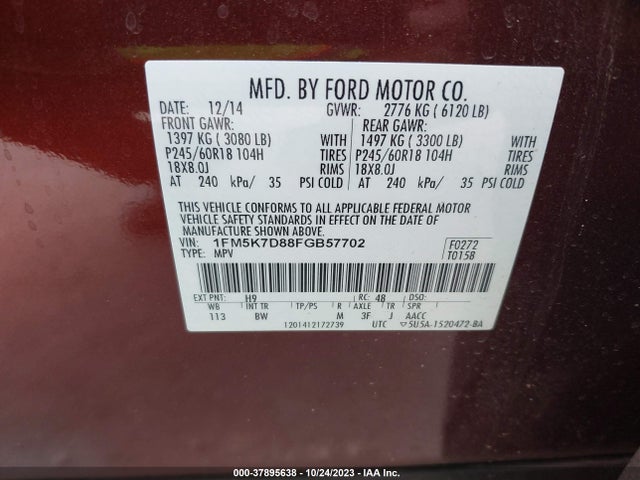 Ford EXPLORER XLT 2015 1FM5K7D88FGB57702 Image 9