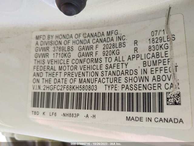 Honda Civic Sedan Lx 2019 2HGFC2F68KH580803 Image 9
