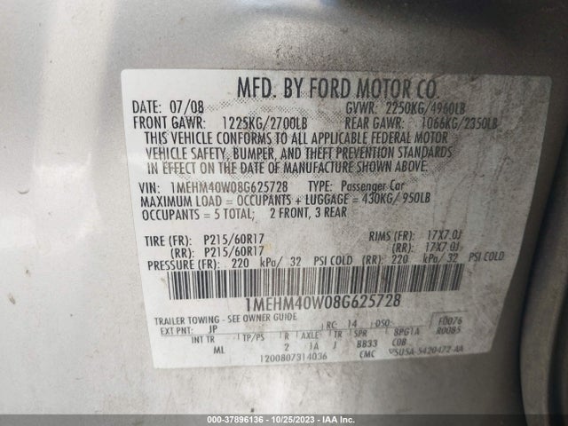 2008 MERCURY SABLE VIN: 1MEHM40W08G625728