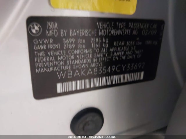 2009 BMW 7 SERIES 750I VIN: WBAKA83549CY33692