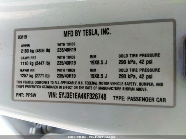 5YJ3E1EA4KF326748 Tesla Model 3 Range