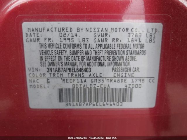 3N1AB7AP6EL646403 Nissan Sentra S/fe+ S/sv/fe+ Sv/sr/sl