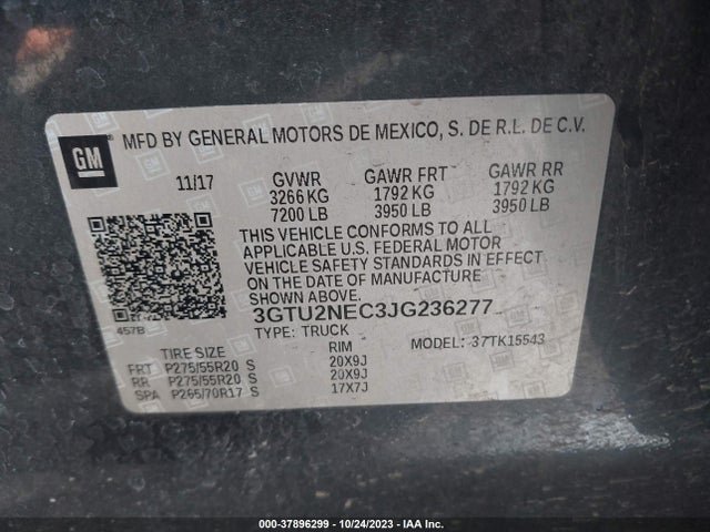 2018 GMC SIERRA 1500 SLT VIN: 3GTU2NEC3JG236277