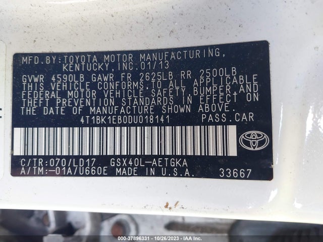 2013 TOYOTA AVALON XLE VIN: 4T1BK1EB0DU018141