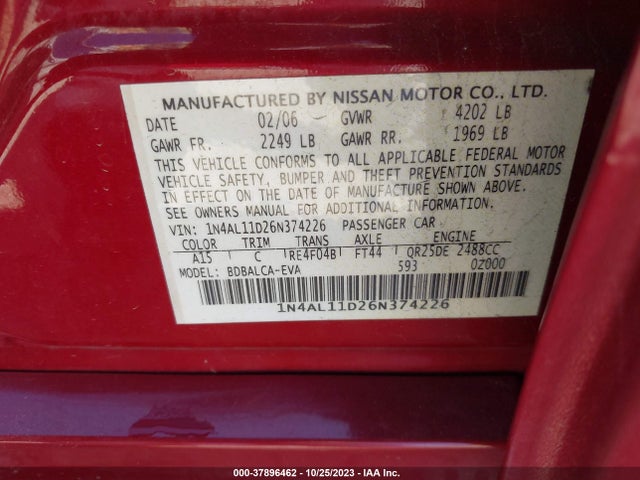 2006 Nissan Altima 2.5 მანქანა იყიდება აუქციონზე, vin: 1N4AL11D26N374226, აუქციონის ნომერი: 37896462