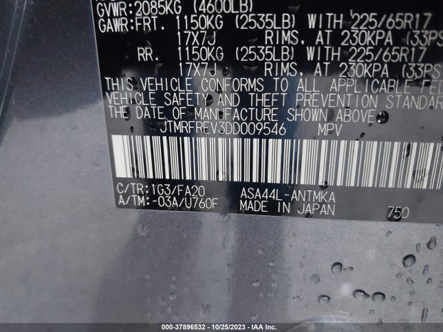 2013 TOYOTA RAV4 XLE VIN: JTMRFREV3DD009546