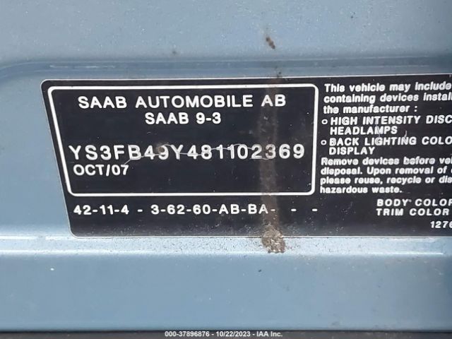 2008 SAAB 9-3 YS3FB49Y481102369 Photo 8