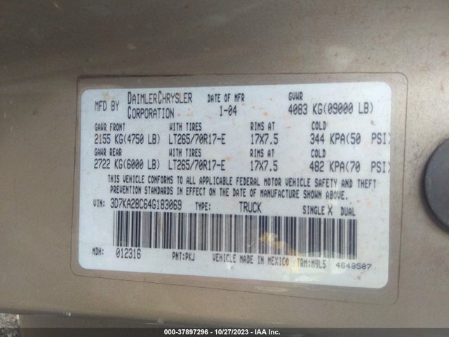 2004 DODGE RAM 2500 SLT VIN: 3D7KA28C64G183069