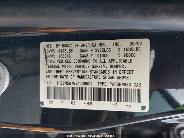 2007 HONDA ACCORD 2.4 EX VIN: 1HGCM56767A030502