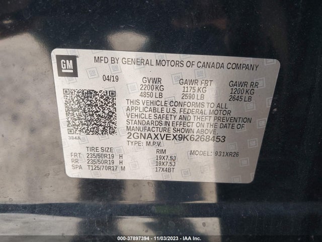 Chevrolet EQUINOX LT 2019 2GNAXVEX9K6268453 Image 9