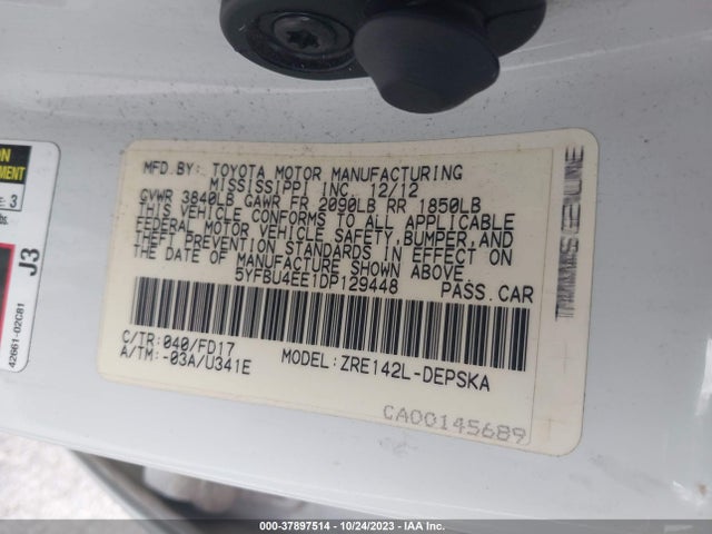 2013 TOYOTA COROLLA L/LE/S VIN: 5YFBU4EE1DP129448