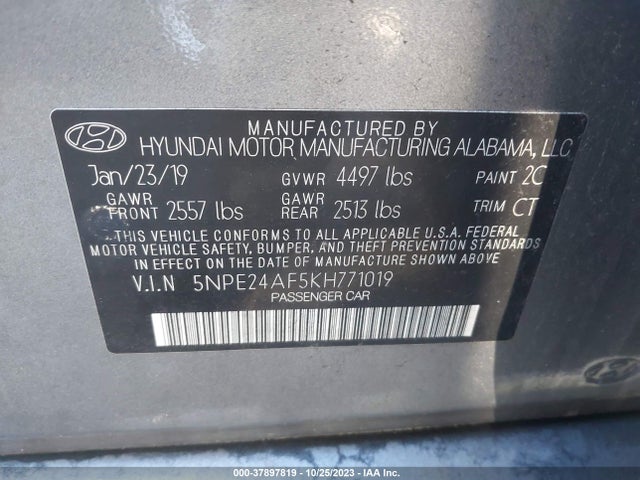 2019 HYUNDAI SONATA SE VIN: 5NPE24AF5KH771019