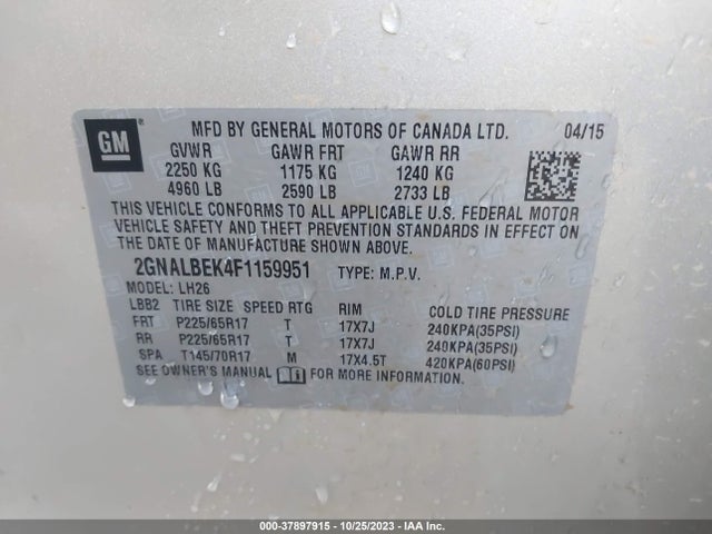Chevrolet EQUINOX 1LT 2015 2GNALBEK4F1159951 Image 9