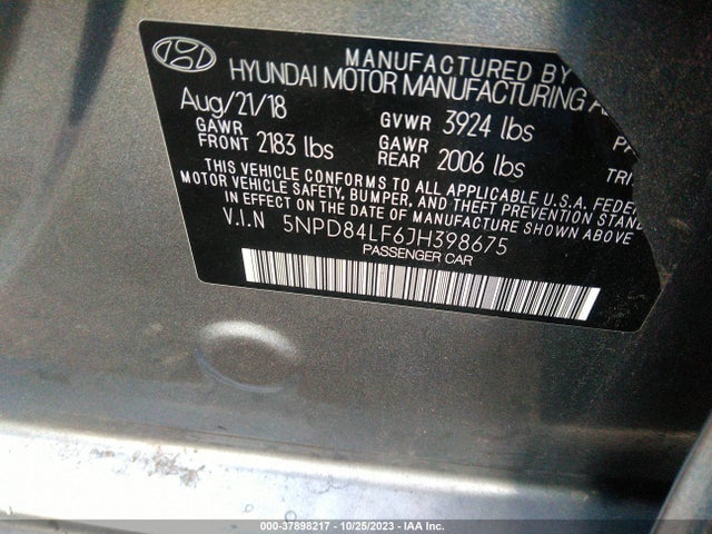 2018 HYUNDAI ELANTRA SEL VIN: 5NPD84LF6JH398675