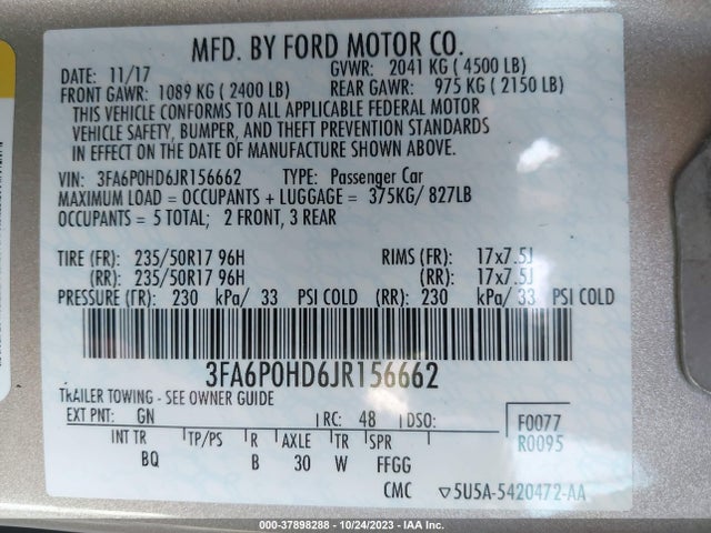 Ford FUSION SE 2018 3FA6P0HD6JR156662 Image 9