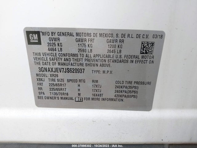 2018 CHEVROLET EQUINOX LT VIN: 3GNAXJEV7JS620937