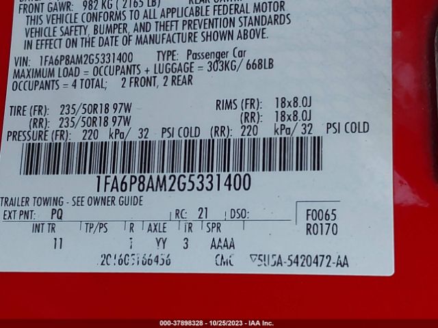 1FA6P8AM2G5331400 Ford Mustang V6