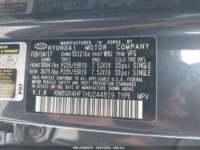 2017 HYUNDAI SANTA FE LIMITED ULTIMATE VIN: KM8SR4HF1HU244819