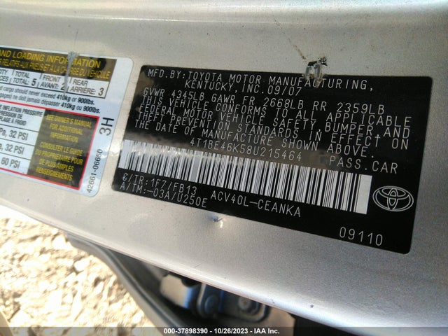 2008 TOYOTA CAMRY VIN: 4T1BE46K58U215464