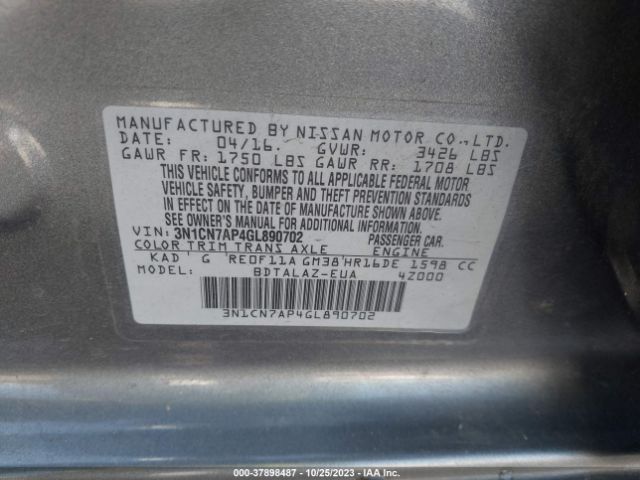 3N1CN7AP4GL890702 Nissan Versa S Plus