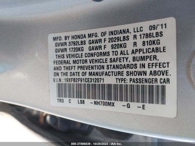 2012 HONDA CIVIC SDN EX-L VIN: 19XFB2F91CE312071