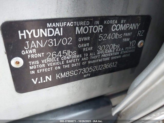 2002 HYUNDAI SANTA FE GLS/LX VIN: KM8SC73D52U236612