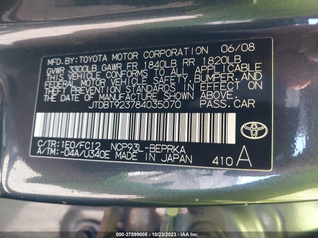 2008 TOYOTA YARIS JTDBT923784035070 Photo 8