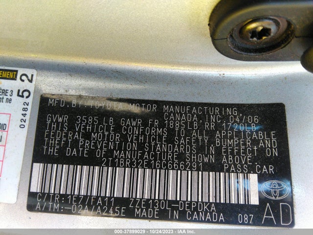 2006 TOYOTA COROLLA CE/S/LE VIN: 2T1BR32E16C666291