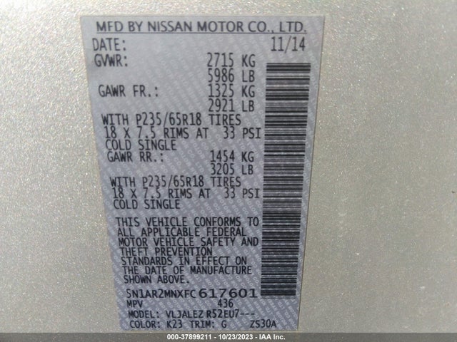 Nissan Pathfinder S/sv/platinum/sl 2015 5N1AR2MNXFC617601 Image 9