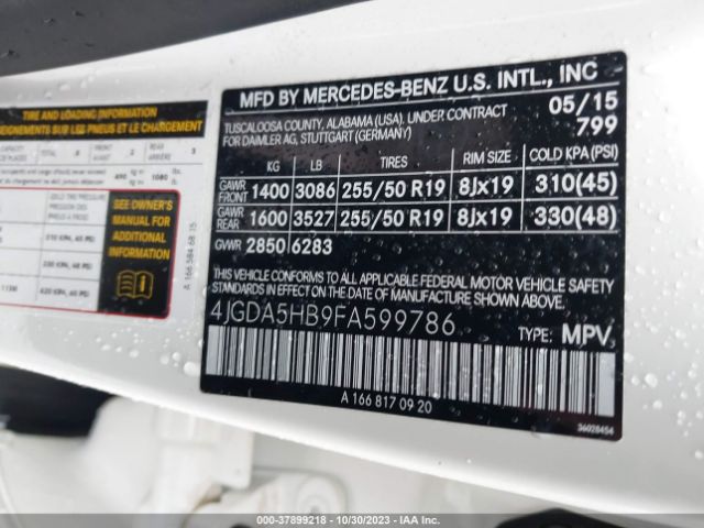 4JGDA5HB9FA599786 Mercedes-Benz M-class Ml 350