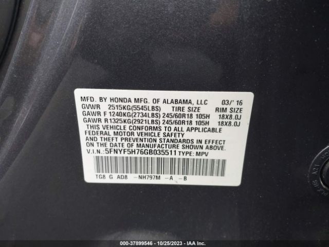5FNYF5H76GB035511 Honda Pilot Ex-l