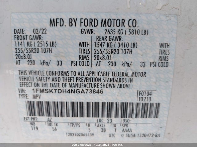 2022 FORD EXPLORER XLT VIN: 1FMSK7DH4NGA73846