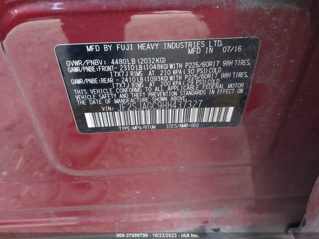 2017 SUBARU FORESTER PREMIUM VIN: JF2SJAGC9HH437327